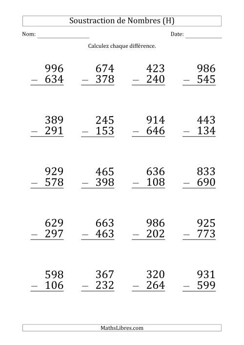Soustraction d'un Nombre à 3 Chiffres par un Nombre à 3 Chiffres (Gros Caractère) (H)