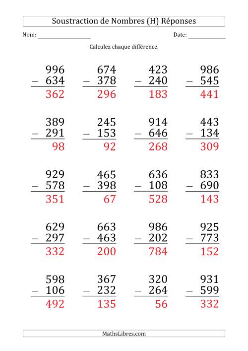 Soustraction d'un Nombre à 3 Chiffres par un Nombre à 3 Chiffres (Gros Caractère) (H) page 2