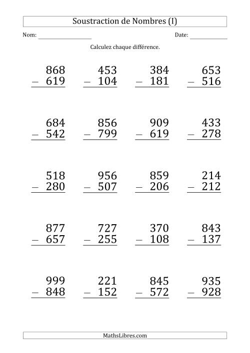 Soustraction d'un Nombre à 3 Chiffres par un Nombre à 3 Chiffres (Gros Caractère) (I)