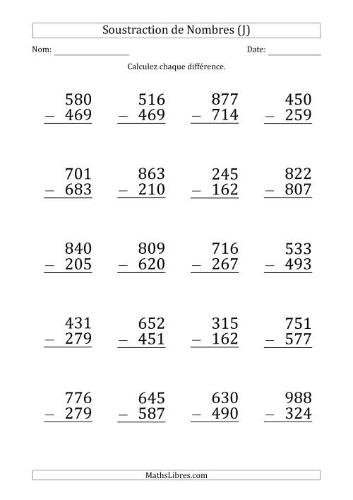 Soustraction d'un Nombre à 3 Chiffres par un Nombre à 3 Chiffres (Gros Caractère) (J)