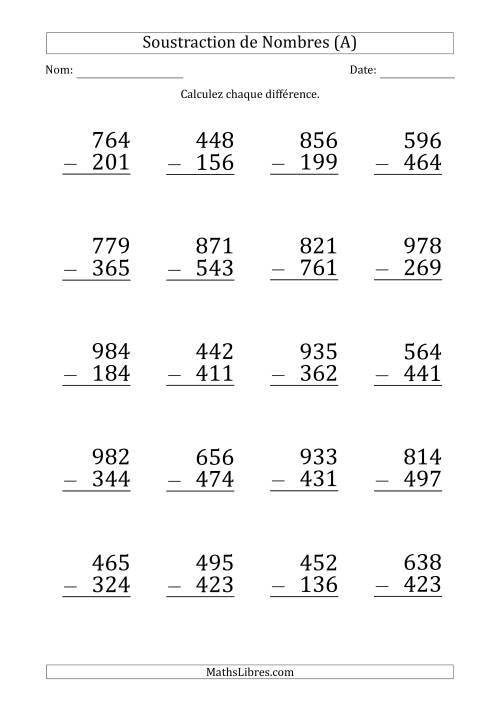 Soustraction d'un Nombre à 3 Chiffres par un Nombre à 3 Chiffres (Gros Caractère) (Tout)