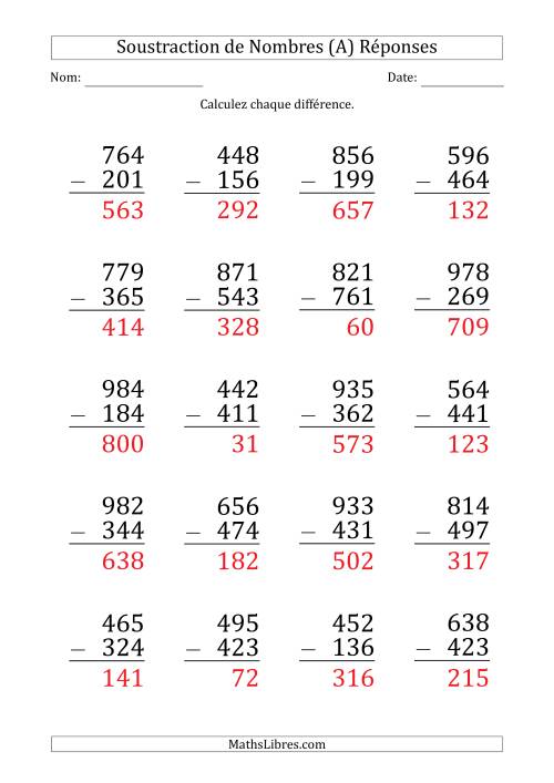 Soustraction d'un Nombre à 3 Chiffres par un Nombre à 3 Chiffres (Gros Caractère) (Tout) page 2