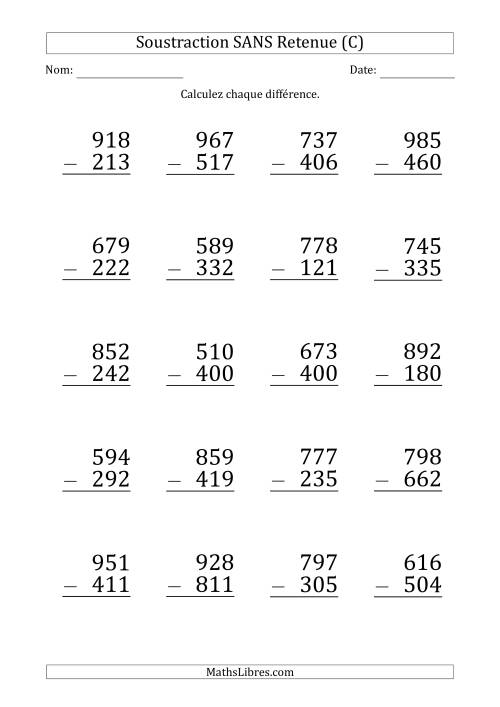 Soustraction d'un Nombre à 3 Chiffres par un Nombre à 3 Chiffres SANS retenue (Gros Caractère) (C)