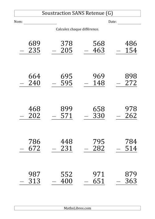 Soustraction d'un Nombre à 3 Chiffres par un Nombre à 3 Chiffres SANS retenue (Gros Caractère) (G)