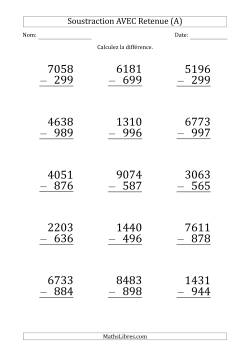 Soustraction d'un Nombres à 4 Chiffres par un Nombre à 3 Chiffres AVEC retenue (Gros Caractère)
