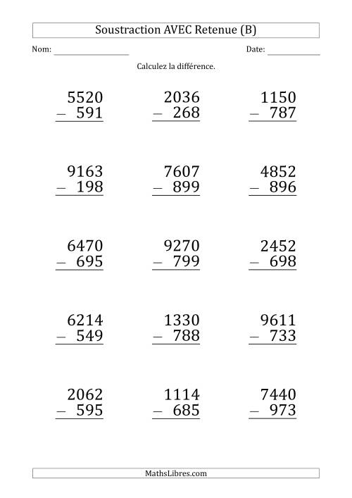 Soustraction d'un Nombres à 4 Chiffres par un Nombre à 3 Chiffres AVEC retenue (Gros Caractère) (B)