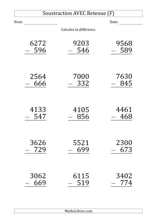 Soustraction d'un Nombres à 4 Chiffres par un Nombre à 3 Chiffres AVEC retenue (Gros Caractère) (F)