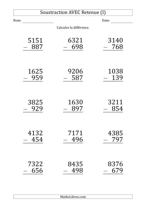 Soustraction d'un Nombres à 4 Chiffres par un Nombre à 3 Chiffres AVEC retenue (Gros Caractère) (I)