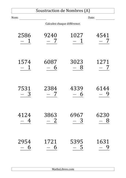 Soustraction d'un Nombre à 4 Chiffres par un Nombre à 1 Chiffre (Gros Caractère) (A)