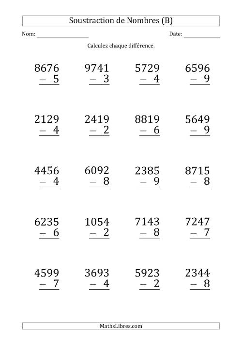 Soustraction d'un Nombre à 4 Chiffres par un Nombre à 1 Chiffre (Gros Caractère) (B)