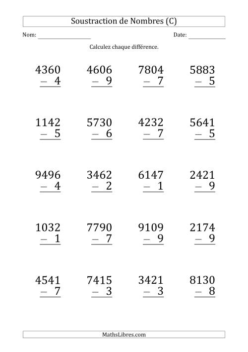 Soustraction d'un Nombre à 4 Chiffres par un Nombre à 1 Chiffre (Gros Caractère) (C)