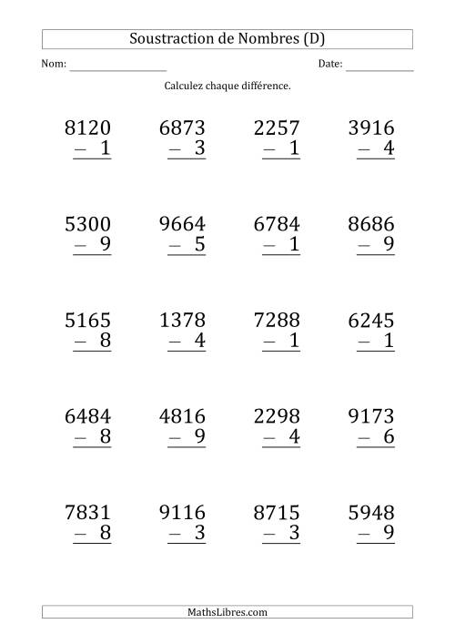 Soustraction d'un Nombre à 4 Chiffres par un Nombre à 1 Chiffre (Gros Caractère) (D)
