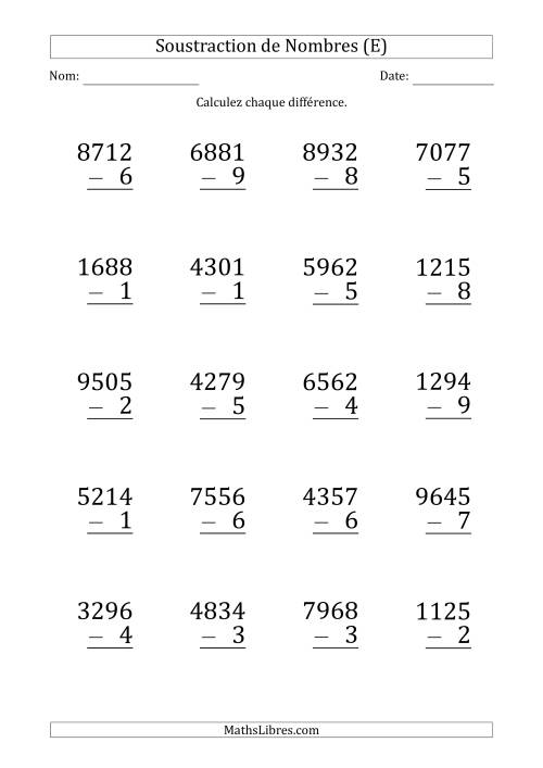 Soustraction d'un Nombre à 4 Chiffres par un Nombre à 1 Chiffre (Gros Caractère) (E)