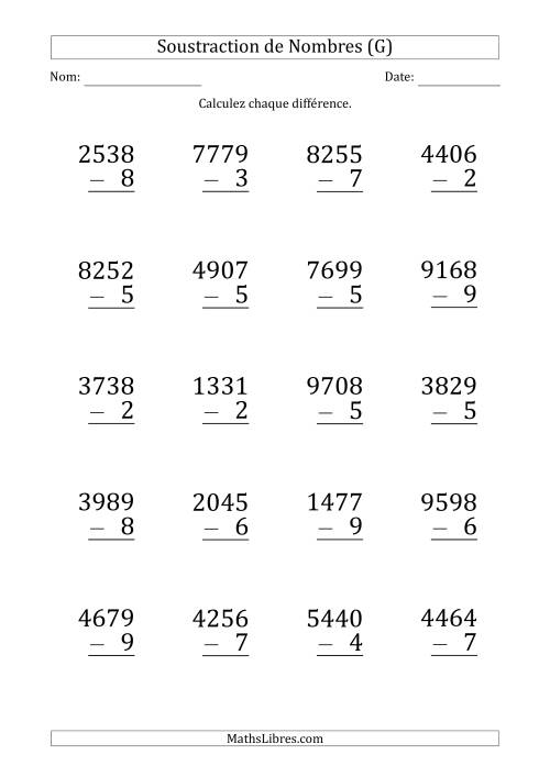 Soustraction d'un Nombre à 4 Chiffres par un Nombre à 1 Chiffre (Gros Caractère) (G)