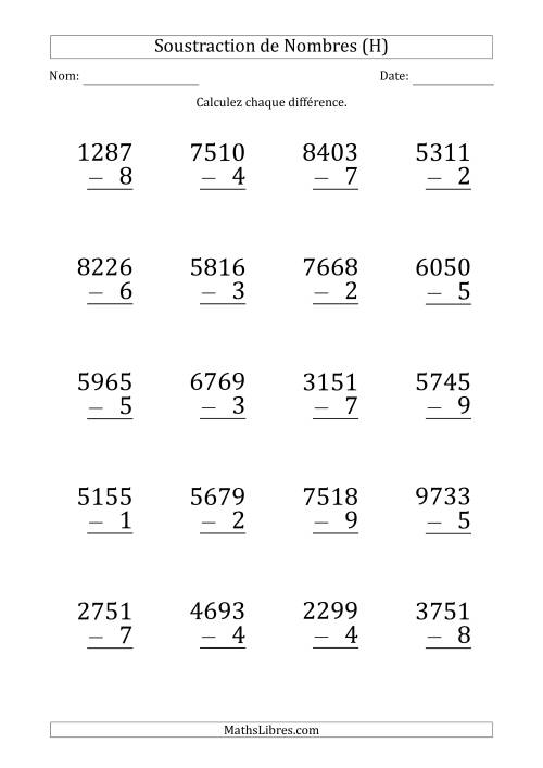 Soustraction d'un Nombre à 4 Chiffres par un Nombre à 1 Chiffre (Gros Caractère) (H)
