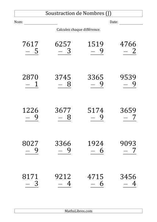 Soustraction d'un Nombre à 4 Chiffres par un Nombre à 1 Chiffre (Gros Caractère) (J)