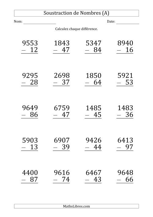 Soustraction d'un Nombre à 4 Chiffres par un Nombre à 2 Chiffres (Gros Caractère) (A)