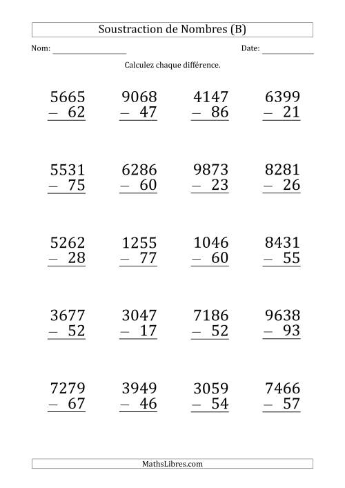 Soustraction d'un Nombre à 4 Chiffres par un Nombre à 2 Chiffres (Gros Caractère) (B)