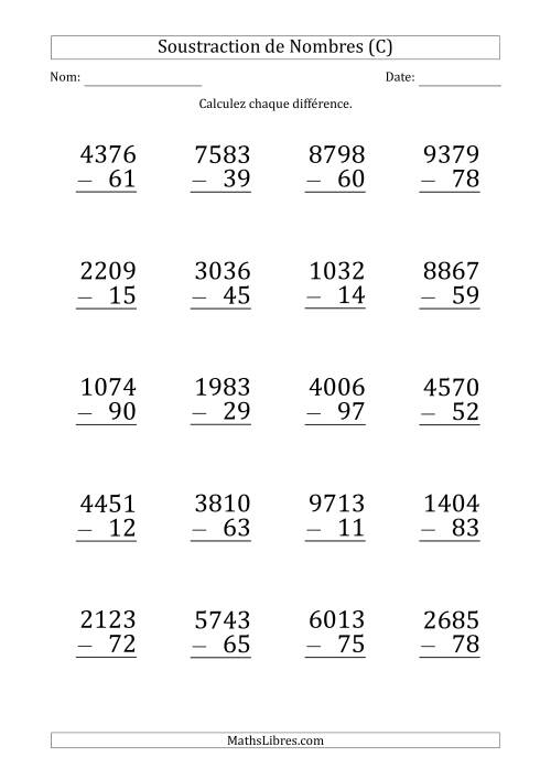 Soustraction d'un Nombre à 4 Chiffres par un Nombre à 2 Chiffres (Gros Caractère) (C)