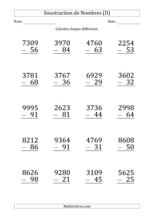 Soustraction d'un Nombre à 4 Chiffres par un Nombre à 2 Chiffres (Gros Caractère) (D)