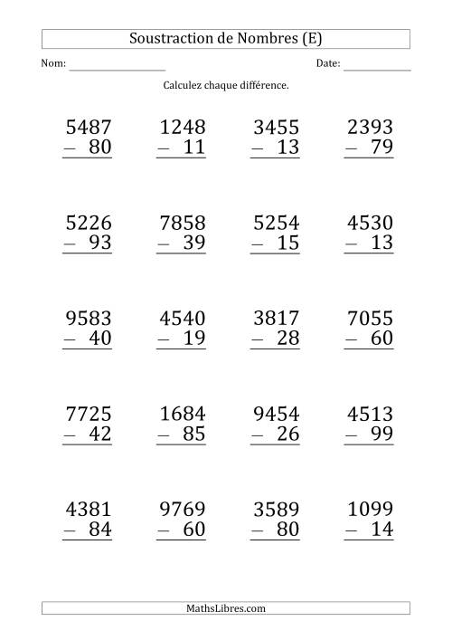 Soustraction d'un Nombre à 4 Chiffres par un Nombre à 2 Chiffres (Gros Caractère) (E)