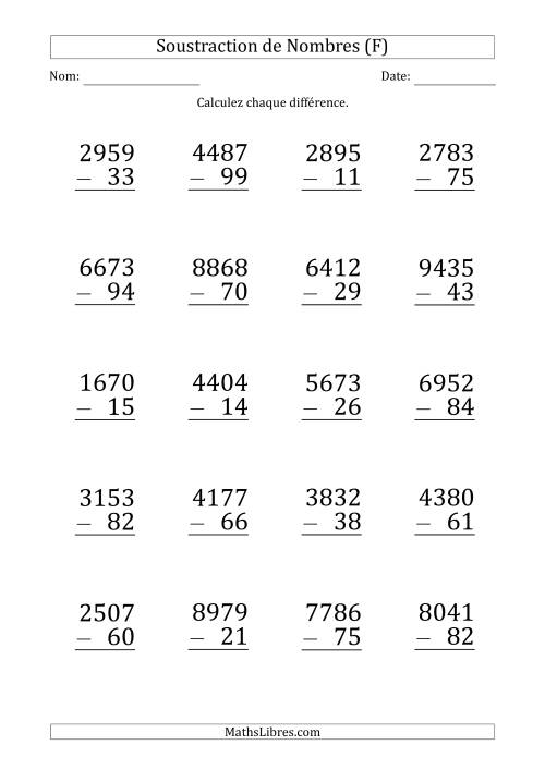 Soustraction d'un Nombre à 4 Chiffres par un Nombre à 2 Chiffres (Gros Caractère) (F)