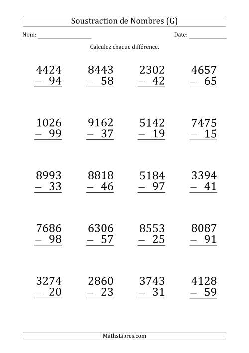 Soustraction d'un Nombre à 4 Chiffres par un Nombre à 2 Chiffres (Gros Caractère) (G)