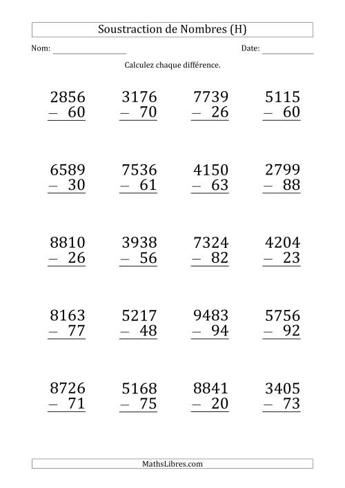 Soustraction d'un Nombre à 4 Chiffres par un Nombre à 2 Chiffres (Gros Caractère) (H)