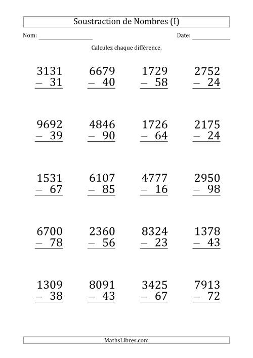 Soustraction d'un Nombre à 4 Chiffres par un Nombre à 2 Chiffres (Gros Caractère) (I)