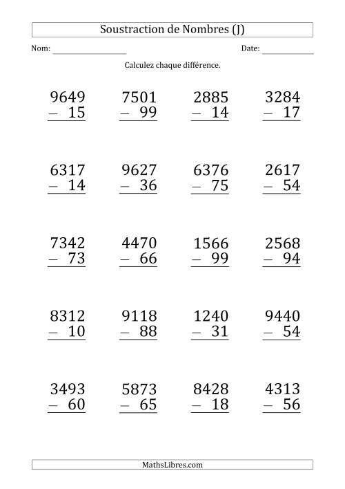 Soustraction d'un Nombre à 4 Chiffres par un Nombre à 2 Chiffres (Gros Caractère) (J)