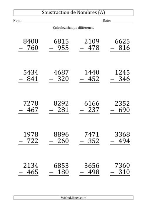Soustraction d'un Nombre à 4 Chiffres par un Nombre à 3 Chiffres (Gros Caractère) (A)