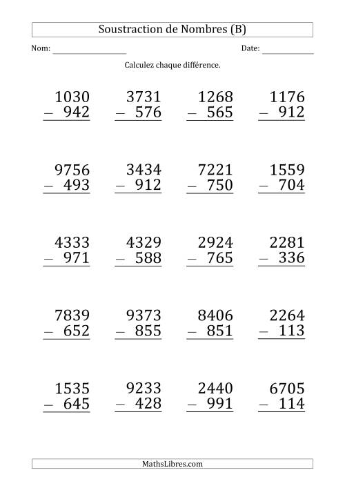 Soustraction d'un Nombre à 4 Chiffres par un Nombre à 3 Chiffres (Gros Caractère) (B)