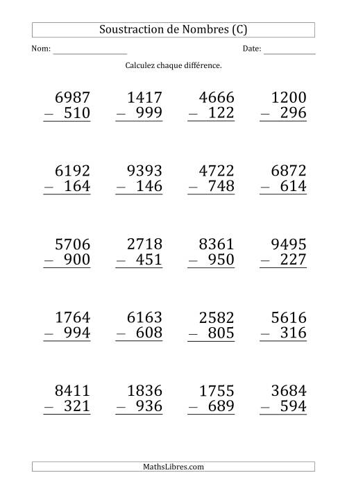 Soustraction d'un Nombre à 4 Chiffres par un Nombre à 3 Chiffres (Gros Caractère) (C)