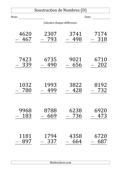 Soustraction d'un Nombre à 4 Chiffres par un Nombre à 3 Chiffres (Gros Caractère) (D)