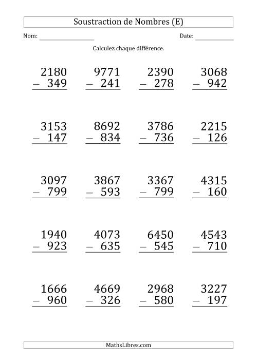 Soustraction d'un Nombre à 4 Chiffres par un Nombre à 3 Chiffres (Gros Caractère) (E)