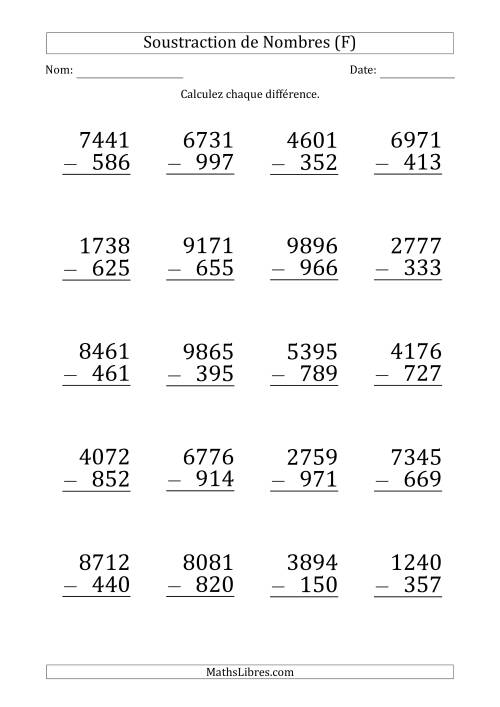 Soustraction d'un Nombre à 4 Chiffres par un Nombre à 3 Chiffres (Gros Caractère) (F)