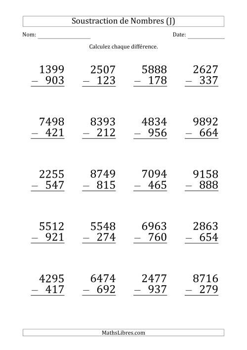 Soustraction d'un Nombre à 4 Chiffres par un Nombre à 3 Chiffres (Gros Caractère) (J)