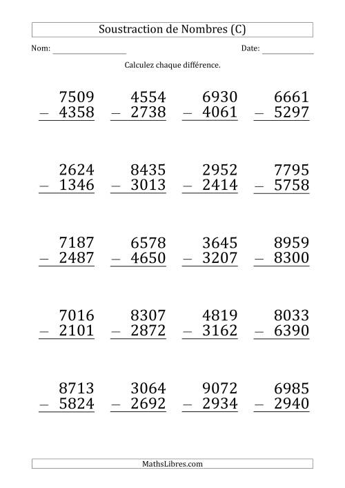 Soustraction d'un Nombre à 4 Chiffres par un Nombre à 4 Chiffres (Gros Caractère) (C)