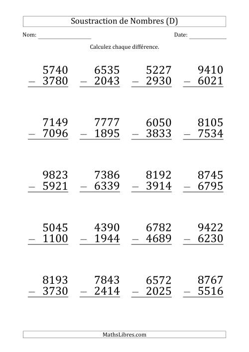 Soustraction d'un Nombre à 4 Chiffres par un Nombre à 4 Chiffres (Gros Caractère) (D)