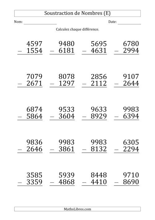 Soustraction d'un Nombre à 4 Chiffres par un Nombre à 4 Chiffres (Gros Caractère) (E)
