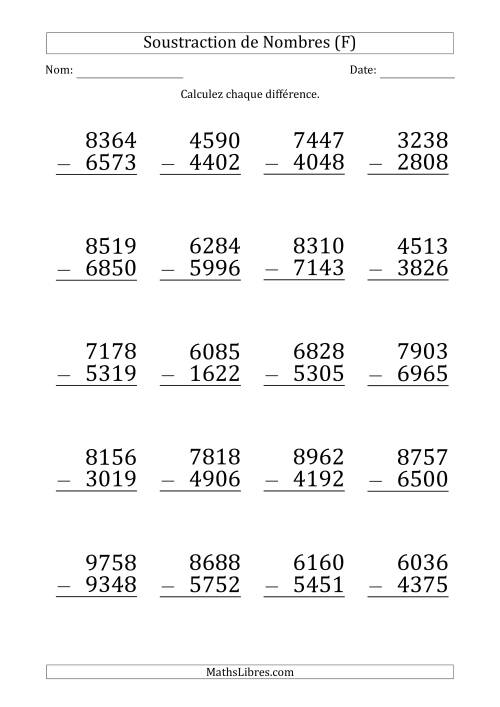 Soustraction d'un Nombre à 4 Chiffres par un Nombre à 4 Chiffres (Gros Caractère) (F)