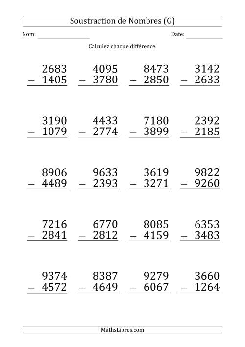 Soustraction d'un Nombre à 4 Chiffres par un Nombre à 4 Chiffres (Gros Caractère) (G)