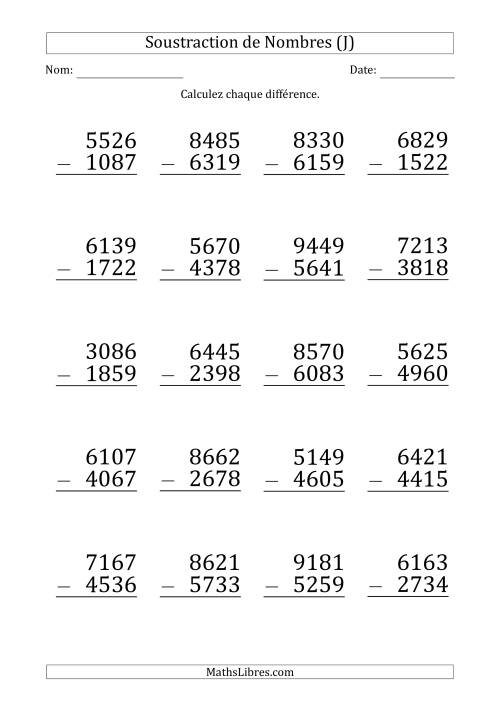 Soustraction d'un Nombre à 4 Chiffres par un Nombre à 4 Chiffres (Gros Caractère) (J)