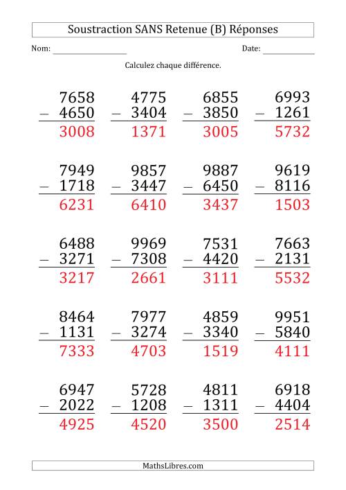 Soustraction d'un Nombre à 4 Chiffres par un Nombre à 4 Chiffres SANS retenue (Gros Caractère) (B) page 2