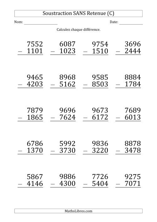 Soustraction d'un Nombre à 4 Chiffres par un Nombre à 4 Chiffres SANS retenue (Gros Caractère) (C)