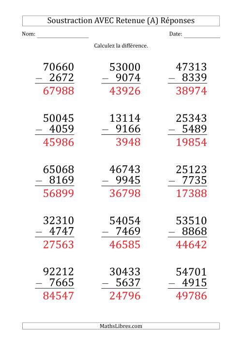 Soustraction d'un Nombres à 5 Chiffres par un Nombre à 4 Chiffres AVEC retenue (Gros Caractère) (A) page 2