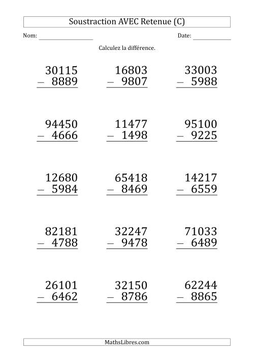 Soustraction d'un Nombres à 5 Chiffres par un Nombre à 4 Chiffres AVEC retenue (Gros Caractère) (C)