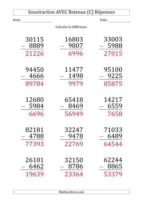 Soustraction d'un Nombres à 5 Chiffres par un Nombre à 4 Chiffres AVEC retenue (Gros Caractère) (C) page 2
