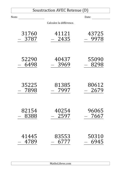 Soustraction d'un Nombres à 5 Chiffres par un Nombre à 4 Chiffres AVEC retenue (Gros Caractère) (D)