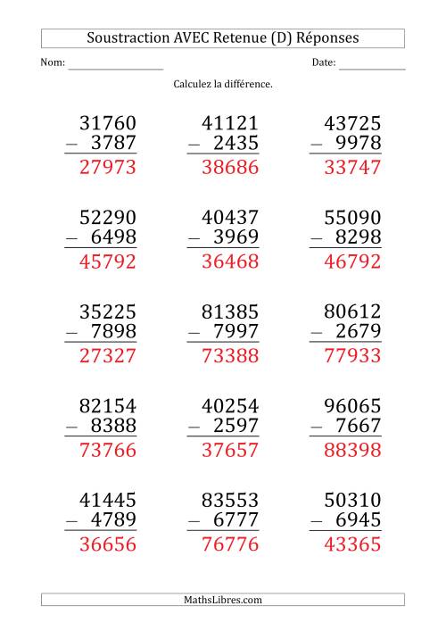 Soustraction d'un Nombres à 5 Chiffres par un Nombre à 4 Chiffres AVEC retenue (Gros Caractère) (D) page 2